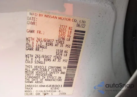 2022 Nissan Frontier Sv 4X2 from USA, damaged, VIN 1N6ED1EJ8NN688001